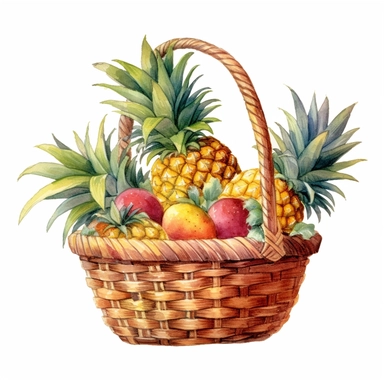 picturesque, simple, bright, the best simple Assorted pineapple in a basket in the world, clipart on white background, watercolor, painted by Beatrix Potter, 8k