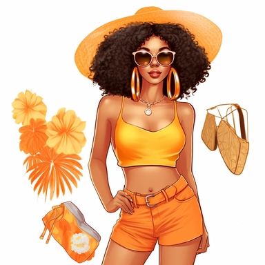 Summer Fashion Girl Clipart, Black Girl Clipart, Black Woman Clipart, Fashion Planner Clipart, African American Beach Fashion Clipart. The character design should be in the form of line art with thick lines, suitable for a coloring page.