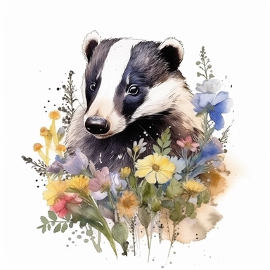 WOODLAND BADGER WITH FLOWERS, CLIPART, WATER COLOUR, WHITE BACKGROUND