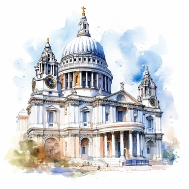 The magnificent St. Paul's Cathedral under a clear blue sky, Clipart, watercolor, white background, intricate detail
