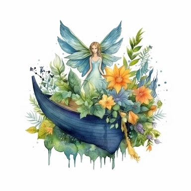 clipart, isolated on white background, Watercolor spring fairy and wings and flowers and branches and grass and leaves, moon and boat, ornated, vivid and vibrant and saturated colors