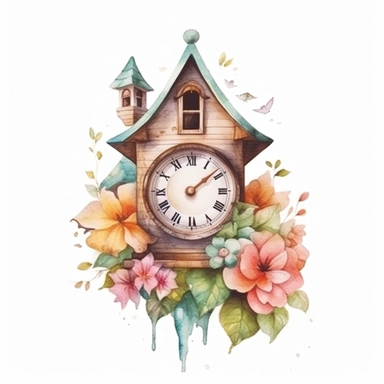 Cute Beautiful Pastel Color Clock House Flower Watercolor Clipart,Cartoon, hyper realistic, intricate detail, illustration style,high solution,on the white background