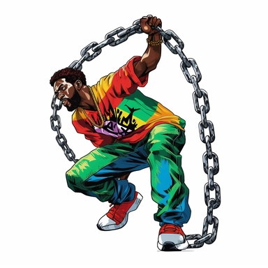 pan african man breaking chains, juneteenth colors, clipart style, sticker, white background