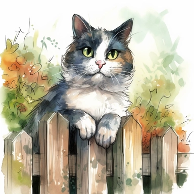Colorful watercolor clipart, of a beautiful realistic cat that shows its face with a surprised look and gesture, resting its hands on top of a solid garden fence, very light pastel color background