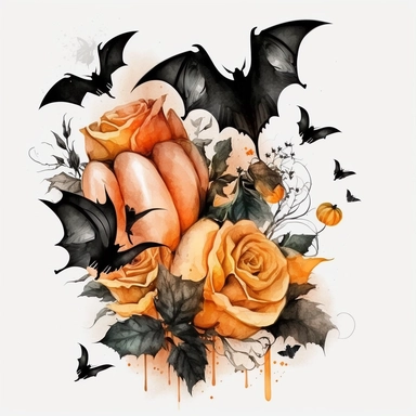 watercolor orange and black roses bouquet clipart, halloween themed, Bats and pumpkins, white background