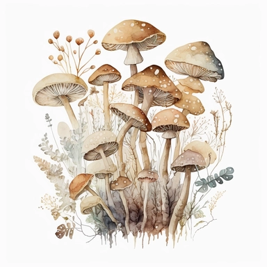 watercolor, a bunch of thin loong mashrooms in pastel beige color, a lot of details, good quality illustration, clipart, white background