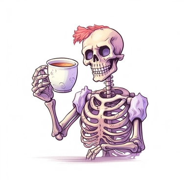 Skeleton barista handing out a cup of coffee, cartoon cutout style by Lucy Fleming, watercolor, smooth gradients, black contour outline, ultra detailed, clipart elements, delicate pastel colors, solid white background, super clear, high quality