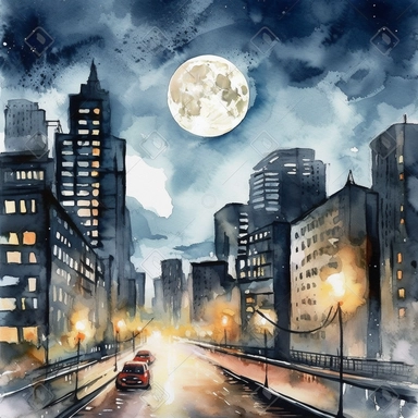 clipart style, watercolor scene of A mesmerizing illustration of a moonlit cityscape showcasing a bustling downtown area. The skyscrapers rise into the night sky, and the streets below are bathed in the soft glow of streetlights and the luminous moon, creating a serene and mysterious atmosphere, HD, on white background