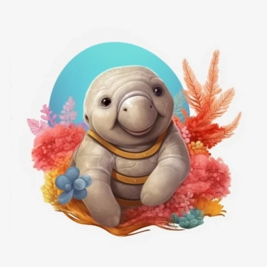 Baby Playful Manatee, Exploring a vibrant coral reef, discovering new friends along the way , clipart for nursuring, animated, white transparent background