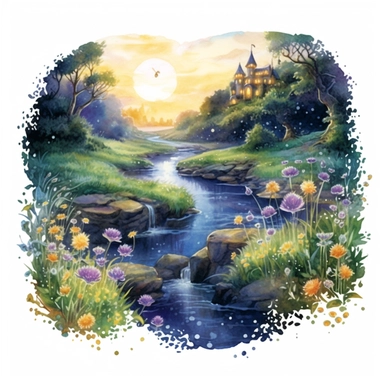 cartoon fairy glen by the River, grass and flowers line the sides if the river, glowing lights and sparkles, colors of green purple gold and blue, glamorous realistic and detailed, watercolor, white background with margins, clipart style
