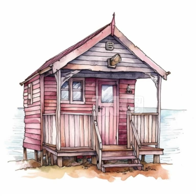 watercolour illustration beach hut pink themed colours, highly detailed, clipart, white background, contour, clear outline