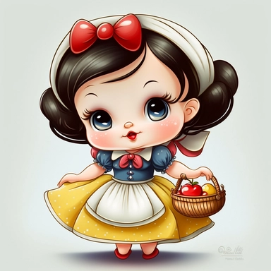 Disney princess baby 1 year old snow white chibi style holding a basket of apples happy little happy eyes kawaii style happy detailed sharp detailed mouth with smile delicate rounded face crisp detailed dress hands behind feet hand drawn chibi style painted like watercolor in 32k paper clip art