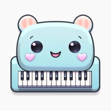 Cute clipart icon of musical keyboard, kawaii, anime style, in white background, soft color blending, rounded