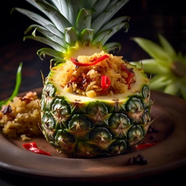 Pineapple Fried Rice for Thai cookbook , classic Thai food, detail, how to cook, fine dining style, delicious, beautifully shot ar 9: 11