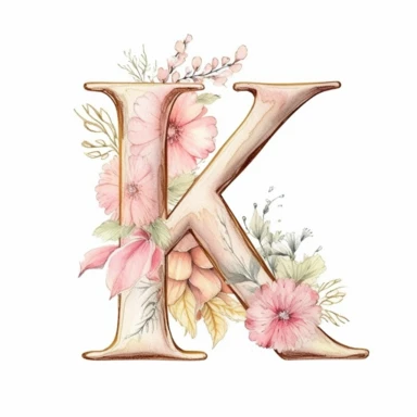 Clipart, Watercolor, Delicate, fine line, Gold Alphabet letter K, with soft pink flowers, pastel colors, hand-draw, texture
