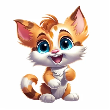 A high-quality cartoon clipart displaying a cute little cat in its entirety, positioned against a solid white background, ensuring excellent clarity and capturing the kitten's lively spirit