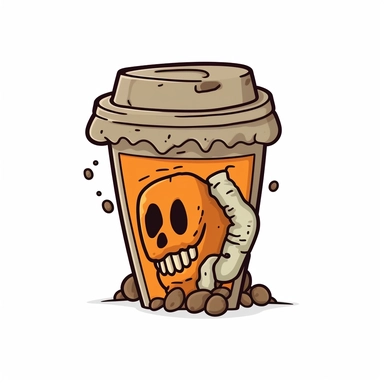 gravestone shaped coffee cup, cartoon colours, vector, clipart, white background for a tee shirt, no captions