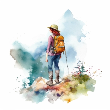 Watercolor hiking girl on mountain clipart, isolated on white background