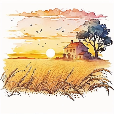 A clipart, A field of wheat crops with a country sunset in the background and a farmhouse, only one clipart, white background, vibrant colors, cartoon,style ghibli, hand drawn, watercolor