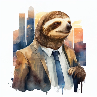 sloth as business man with a satisfied face expression in a business city, expresionist style, watercolor clipart