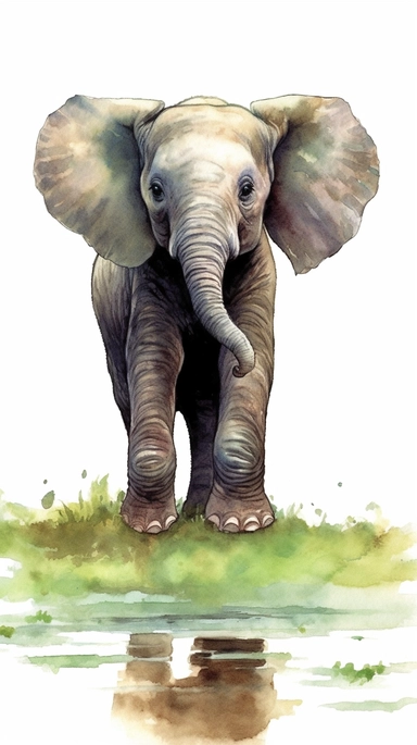worlds cutest, adorable, realistic, life like image of a baby elephant with his trunk raised in the air and standing in a green grassy field and pond, watercolor clip art, white background ,artist rendition, sharp focus, extreme detail,