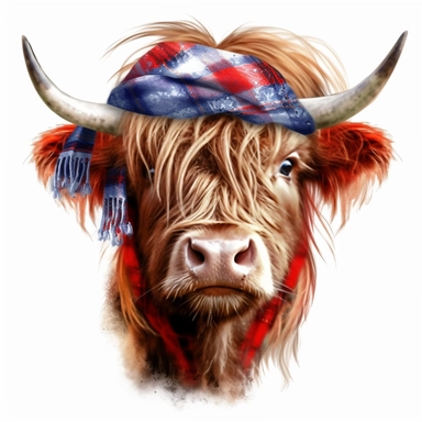 Patriotic Long Haired Calf PNG with red, white & blue Bandana hairband , Highland cow face clipart, Western, farm cow clipart, Fall sublimation, red, white & blue headband, white background, very detailled, very realistic
