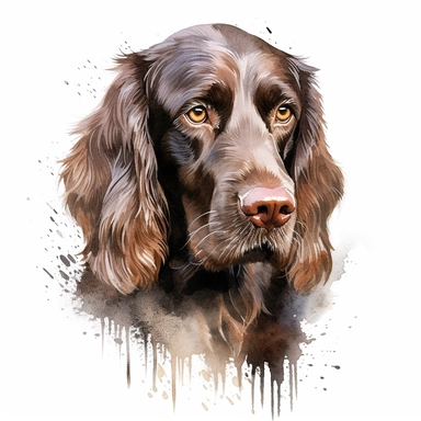 watercolor dog illustration of a pensive german longhair pointer, in the style of spray painted realism, detailed facial features, ferrania p30, dark bronze and silver, australian landscape, for clipart with white background
