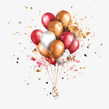 Balloon Burst: Create cliparts showcasing balloons bursting with confetti or glitter, rose and gold colors , high resolution, white transparent background no captions