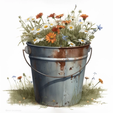 86125 watercolor for a clipart with a white background of wildflowers growing in a rusty metal bucket, hyperrealism, painted by Bo Bartlett