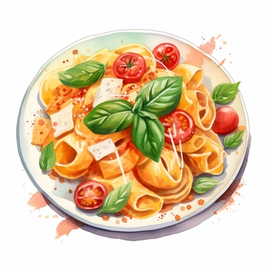 Italian Pasta Watercolor: A delectable watercolor clipart showcasing a plate of freshly cooked pasta, adorned with colorful ingredients like tomatoes, basil, and Parmesan cheese. (Watercolor, no background)