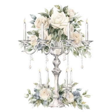 Hand drawn tall 3 tiered crystal candelabra wedding centerpiece, white roses and white flowers with greenery, sparkly crystals, glamorous, very detailed and realistic, watercolor, clipart style, white background with margins
