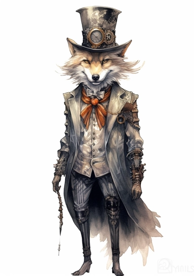 Steampunk Gray wolf clipart, realistic, Watercolor Retro Futuristic Victorian Era, art picture, full body, watercolor, multicolor, white background, lots of details, high quality - 8K,
