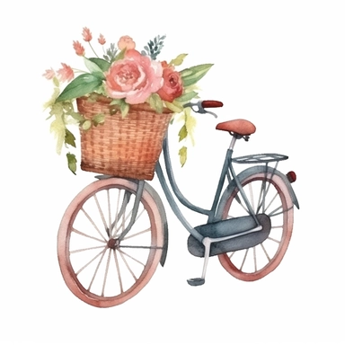Watercolor A vintage-style bicycle with a basket filled with flowers clipart, Minimalist, isolated white background, 8k