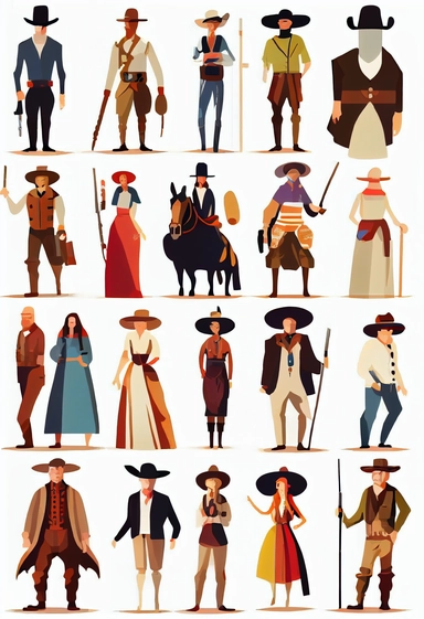 full-body minimalistic vector illustrations of people. Wild west. Far West. Outlaws, cowboys, drunkards, gamblers, gunfighters. Bizarre, whimsical, random, victorian, theatrical, funny. Colorful clipart collection, white background, by Paul Catherall