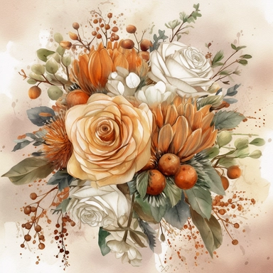 create a beautiful high quality highly detailed highly saturated watercolor clipart illustration of a beautiful single and elegant decorative SIMPLE COTTAGECORE BRIDAL BOUQUET WITH THE FLORAL STEMS WRAPPED in SILK BURLAP covered in a theme of burnt orange, terracotta, beige, flower arrangement with vendela rose, dahlia rose, rose bud, willow, use intricate detailing for the BRIDAL BOUQUET, pay close attention to the leaves, this illustration should be used for wedding invitations, pay close atte