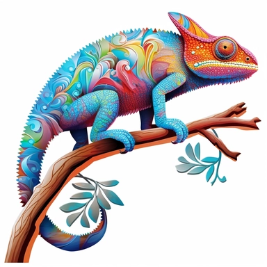 chameleon, clipart, detailed, curled tail, on a branch, clean lines, vibrant, white background