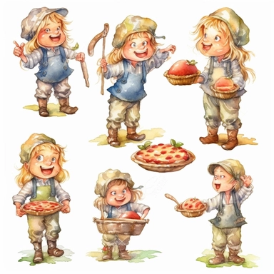 multiple poses characters of pie apple put on the garden, watercolor in medieval cartoon grunge style clipart on white background