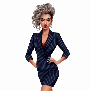 match this image style and render a full body perspective of a confident business woman in a navy pinstripe suit, shapely legs and and navy heels, 2d clipart illustration, white background