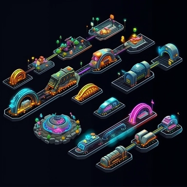 isometric, spritesheet, game assets, futuristic hover train tracks, isometric perspective, game sprite, sci-fi, cute, fun, creative, cartoon, clipart, hyper-detailed, black background