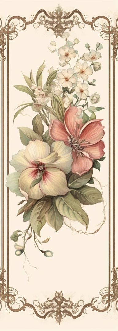 vintage inspired printable rectangle label with intricate sepia colored borders and hand drawn details. detailed with soft watercolor flowers at the top edge only. No text. Isolated clipart on solid white background
