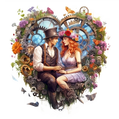 heart shape, Steampunk lovers enjoying a romantic picnic in a lush, gear-filled garden, surrounded by whimsical steampunk contraptions and colorful flowers, their blissful expressions captured with ultra high quality, Unreal Engine cinematic smooth, hyper-realistic, retro-futurism, watercolor clipart, white background