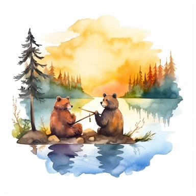 watercolor big bear and little bear clipart, sitting together, fishing on lake, with beautiful background of a sunset, bright colors, on a white background