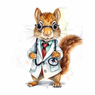 watercolor clipart, vey cute squirell, wearing a stethoscope and a white coat, working as a veterinarian, watercolor style, realistic, bright colors, 300 dpi, 8k, white and clear background, high solution