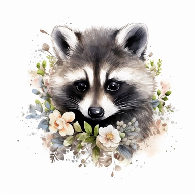 Nursery Print baby head raccoon flowers drawn in watercolor style, vector design, , Sublimation Clipart ,Cartoon,hyper realistic, intricate detail, illustration style,high solution,on the white background