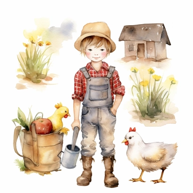 watercolor farm cute boy clipart white background