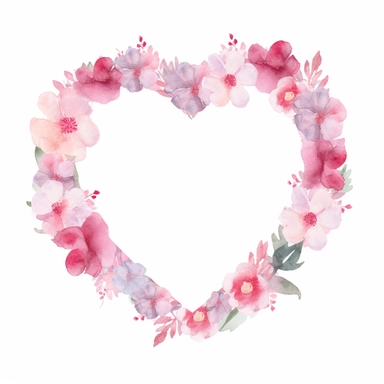 heart shaped pink flower borders with white copy space in the center watercolour clipart illustration with isolated background