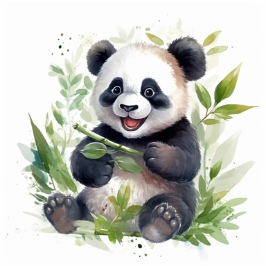 adorable cute laughing baby panda in bamboo forest, watercolor clipart, high definition, cute character, detailed, intricate detail, megapixel, super resolution, white background, no watermark