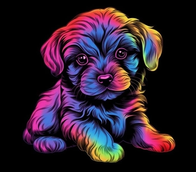 6 tattoo art style adorable baby puppy havanese, black defined outlines, high details, clipart, hd, isolated on black background, spaced out, vibrant rainbow colors