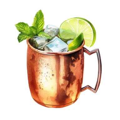 Moscow mule watercolor cocktail, realistic clipart, white background