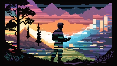 A silhouette of a computer programmer coding on a CRT screen, surrounded by a landscape of colorful, pixelated graphics. The background is a wash of warm, earthy tones, reflecting the rise of digital clipart in the computer age, hand-drawn, watercolor, wet paint, mixed media 4k, pantone, Dot, Large, Accent Lighting, high detail, Carbonated